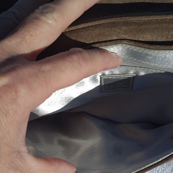 Elegant Tan Suede Clutch with Floral Accent By Swarvoski. - Picture 3 of 9